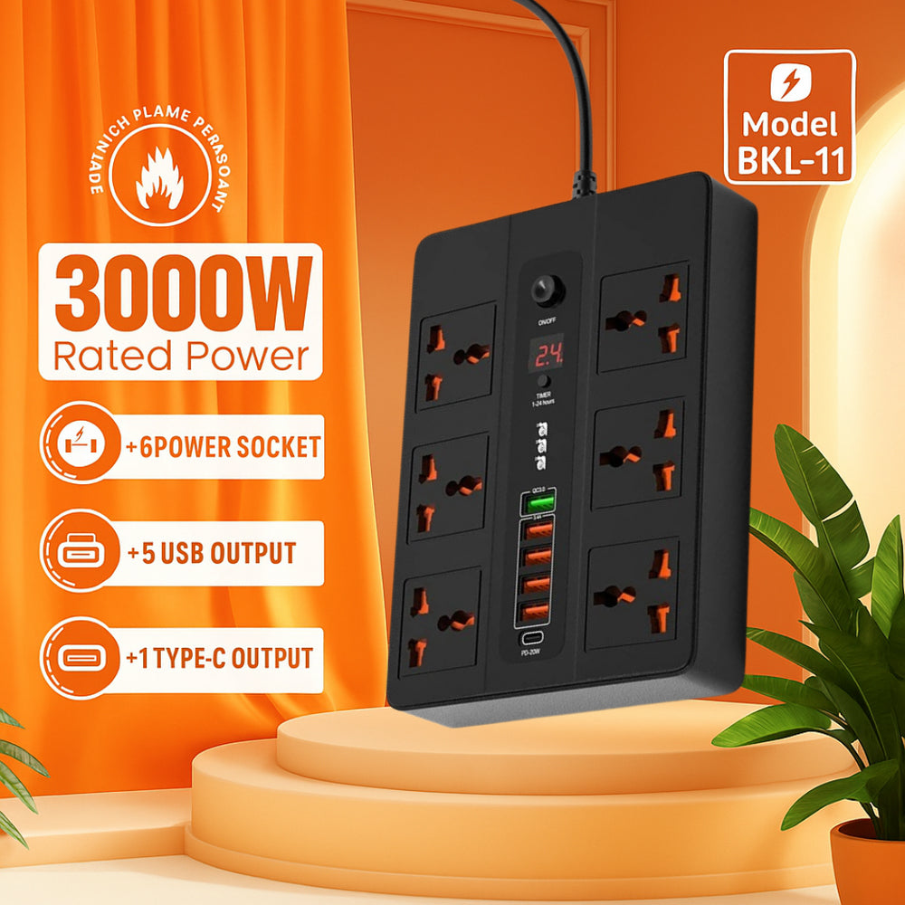High Quality 3000W Socket with TIMER Switch 6 AC Universal Outlet Socket + 5 USB Port + 1 Type-C