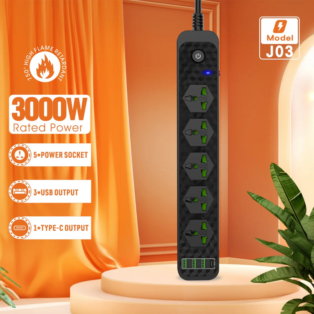 Compro 3000W Power Extension 5 socket+ 3 USB+ 1 Type C Port