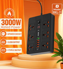 High Quality 3000W Socket with TIMER Switch 6 AC Universal Outlet Socket + 5 USB Port + 1 Type-C