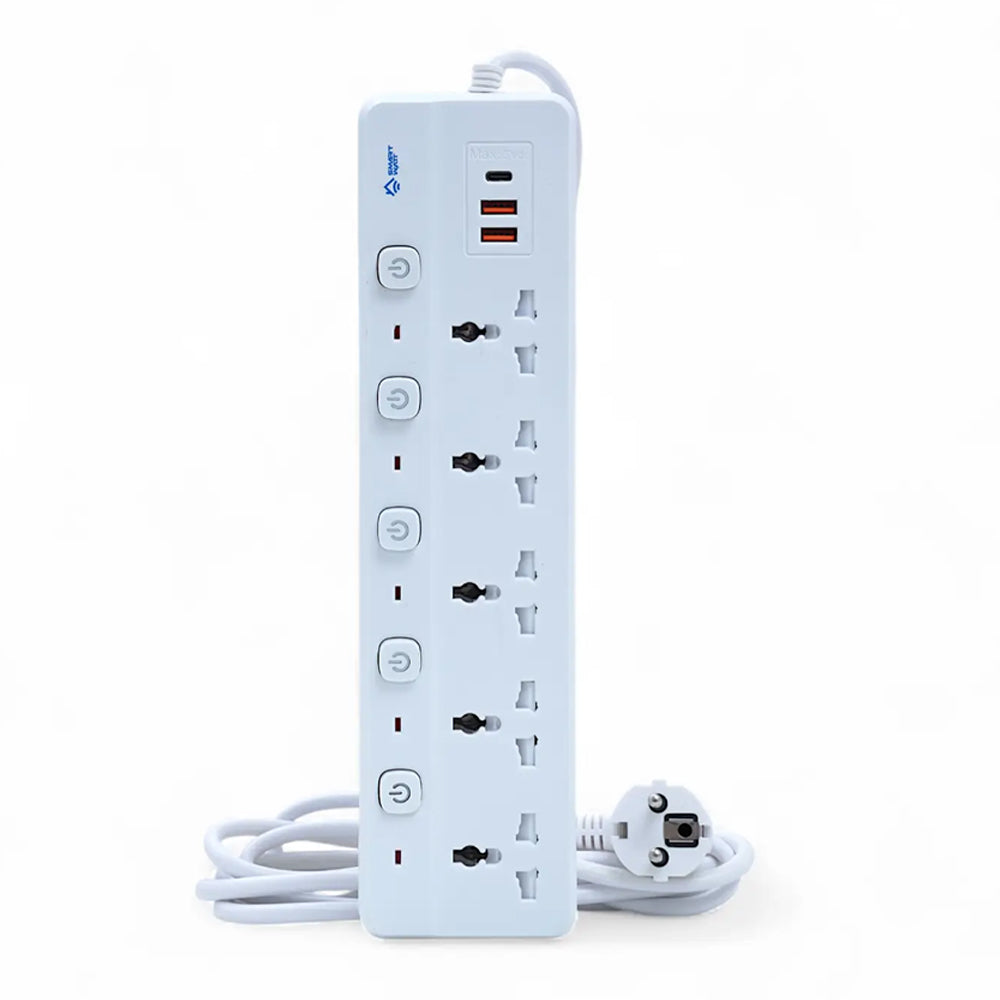 2500W Universal Power Extension 5 Sockets with Individual Power Buttons 2 USB and 1 Type C Port