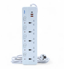 2500W Universal Power Extension 5 Sockets with Individual Power Buttons 2 USB and 1 Type C Port