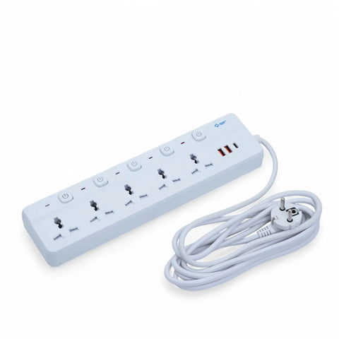 2500W Universal Power Extension 5 Sockets with Individual Power Buttons 2 USB and 1 Type C Port
