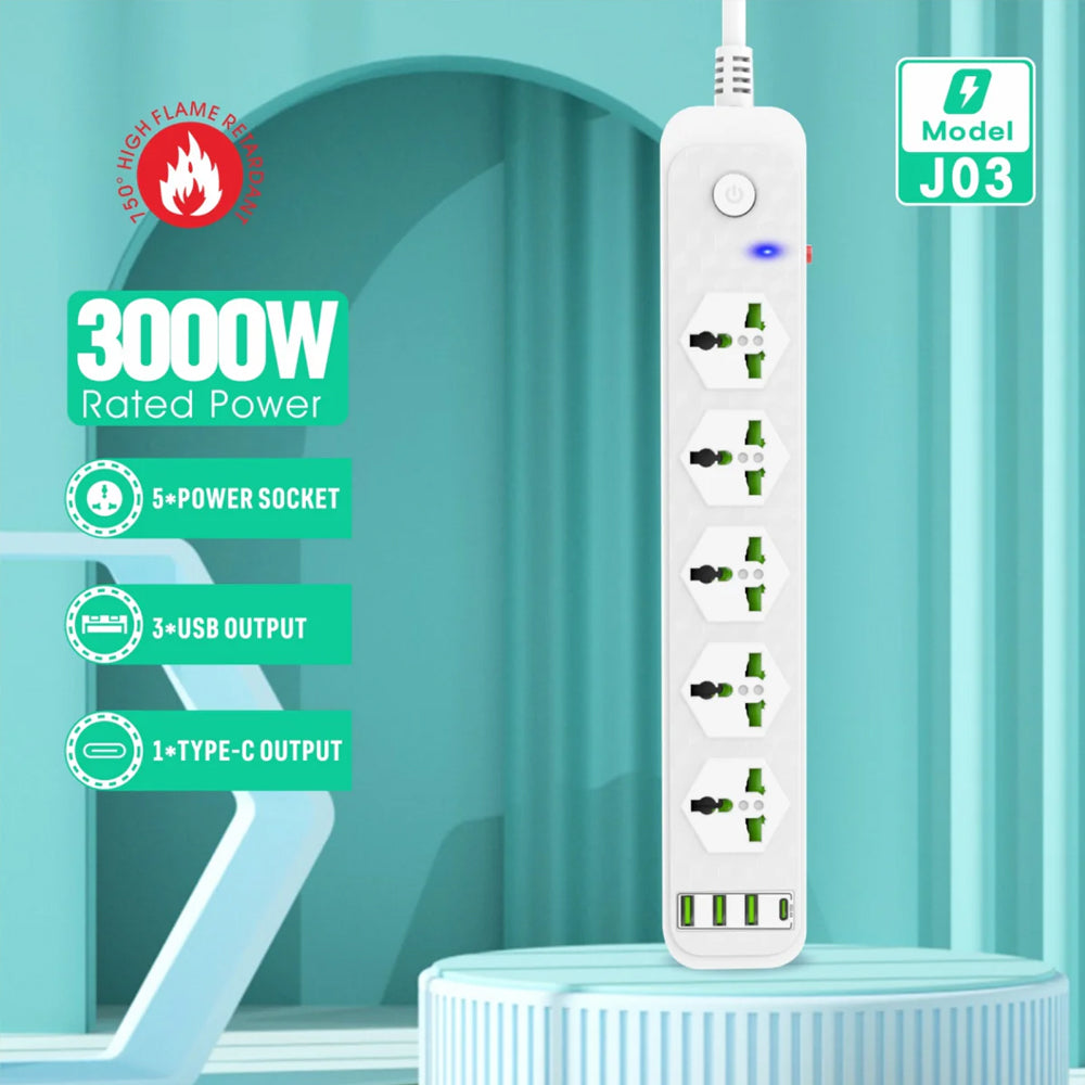 Compro 3000W Power Extension 5 socket+ 3 USB+ 1 Type C Port