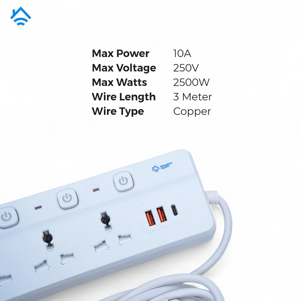 2500W Universal Power Extension 5 Sockets with Individual Power Buttons 2 USB and 1 Type C Port