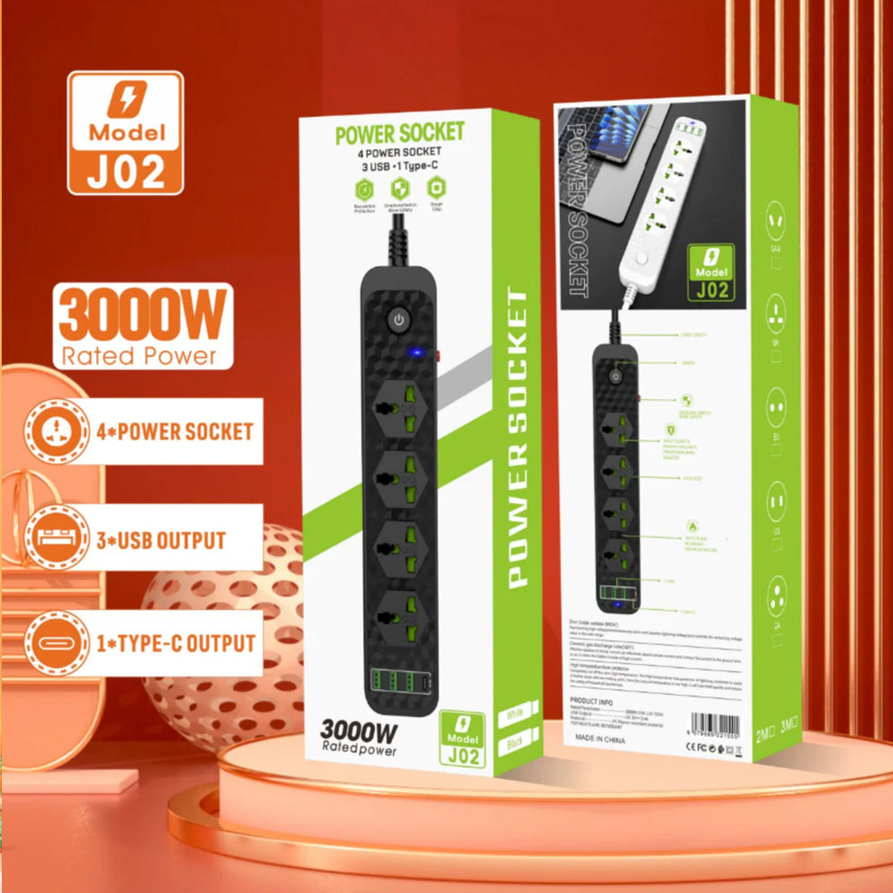 Compro 3000W Power Extension 4 socket+ 3 USB+ 1 Type C Port
