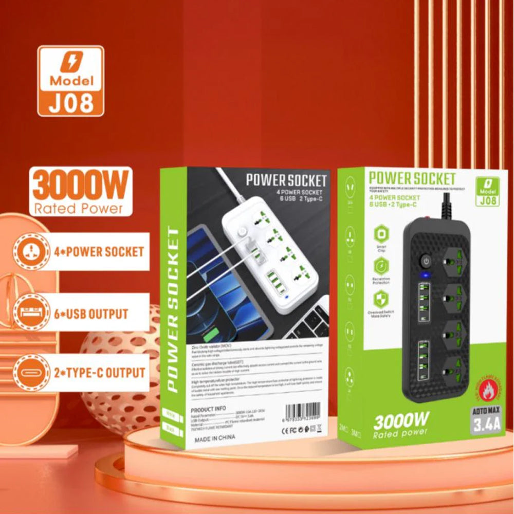 Compro 3000W White Power Extension 4 socket+ 6 USB+ 2 Type C Port