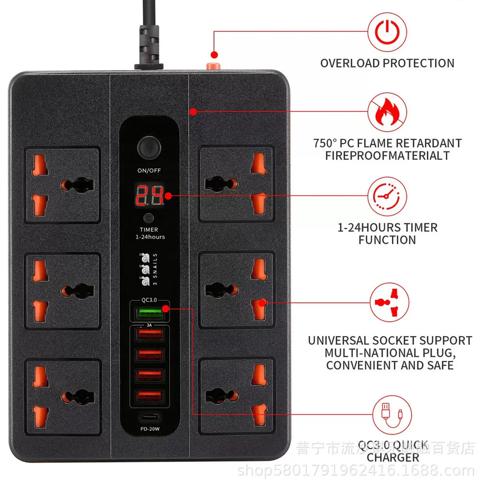 High Quality 3000W Socket with TIMER Switch 6 AC Universal Outlet Socket + 5 USB Port + 1 Type-C
