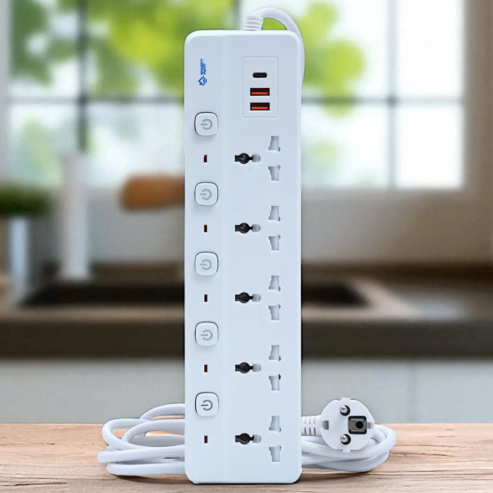 2500W Universal Power Extension 5 Sockets with Individual Power Buttons 2 USB and 1 Type C Port